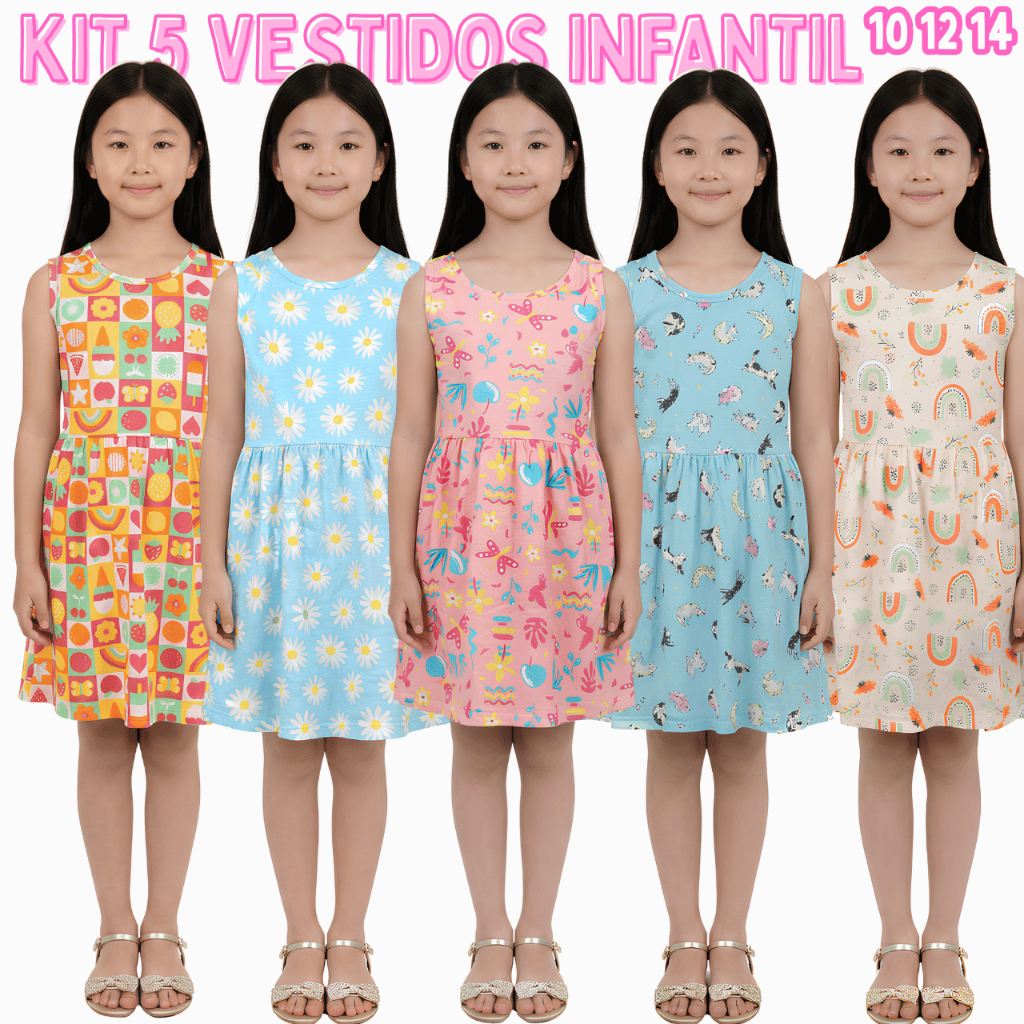 Kit 5 Vestidos Infantil Menina Estampados Verão Soltinho Leve Confortável Colorido Festa Premium Top