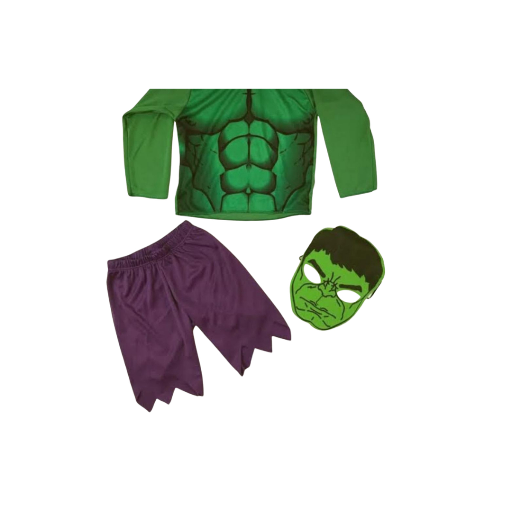 Fantasia Hulk Infantil Musculosa com Máscara – Camiseta Manga Longa e Bermuda Roxa para Festa e Carnaval