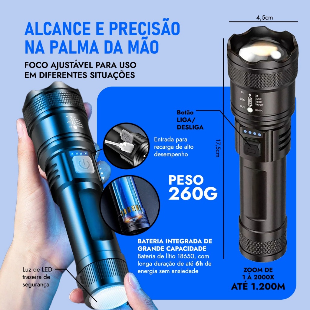 Lanterna T9 Led Forte Recarregavel Potente Para Sitio Fazenda e Acampamento — imagem 2 de 2