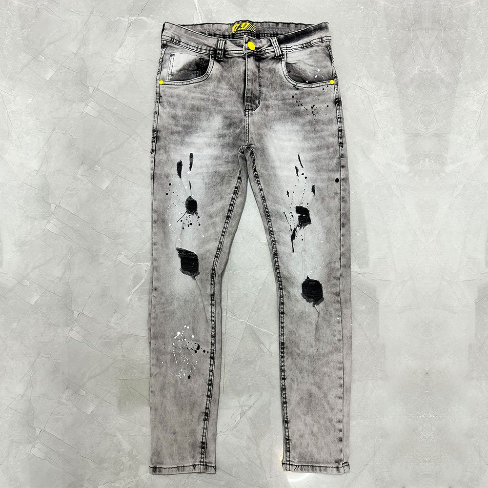 TUNG JEANS】Calça Jeans Rasgada Homens Autocultivo Cinza Manchas Tinta Calça Jeans
