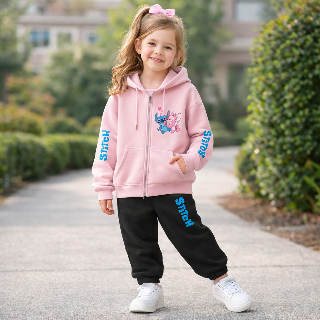 Conjunto Moletom Infantil Blusa de Ziper com Capuz Flanelada Calça Abrigo Stitch