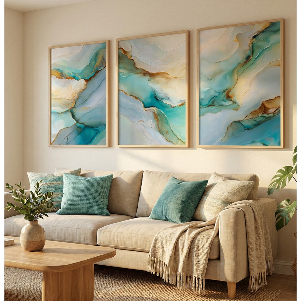 Quadro Abstrato Grande Trio De Quadros Modernos Decorativos Para Sala Quadro Com Moldura Turquesa