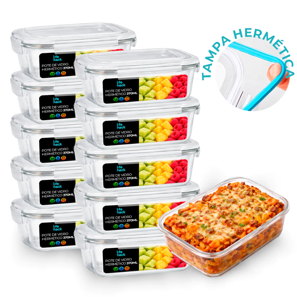 Conjunto Potes Vidro 370ml Hermético 4 Travas Marmita Premium Fitness — imagem 1