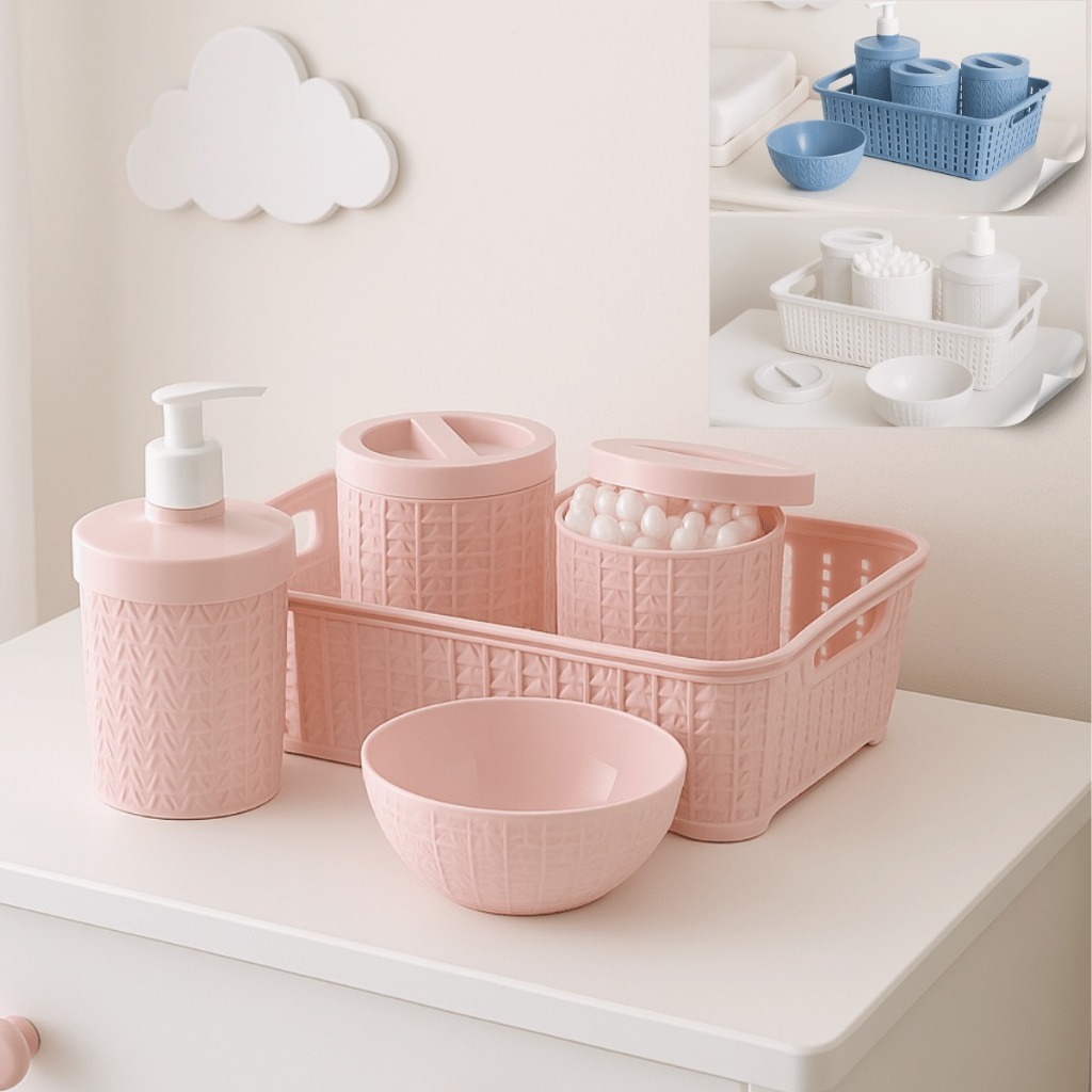 Kit Higiene Bebê 5 Peças Trama com Cesta, Porta Algodão, Cotonete, Molhadeira e Dispenser enxoval, maternidade