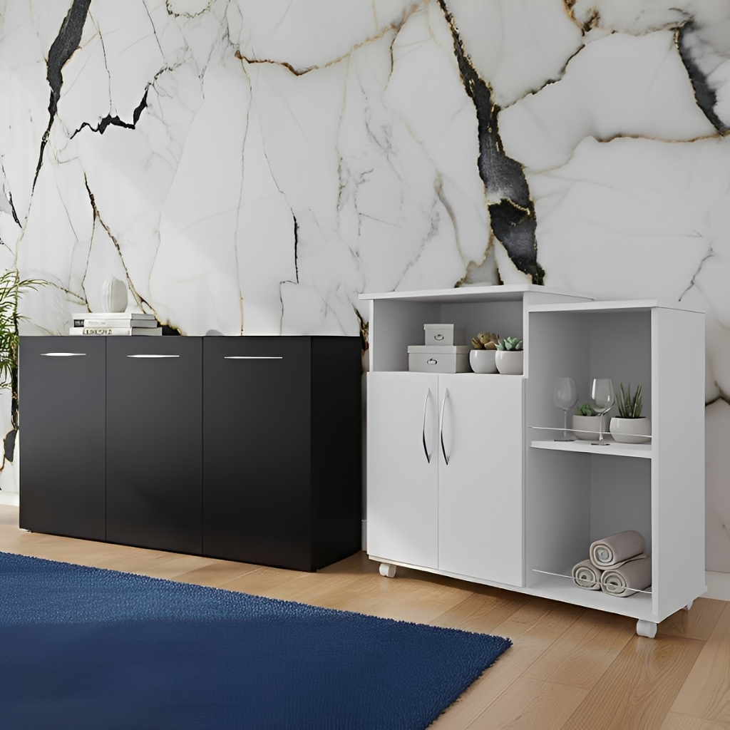 Kit Balcão Multiuso 3 Portas + Fruteira com Rodinhas Organizador Cozinha Lavanderia