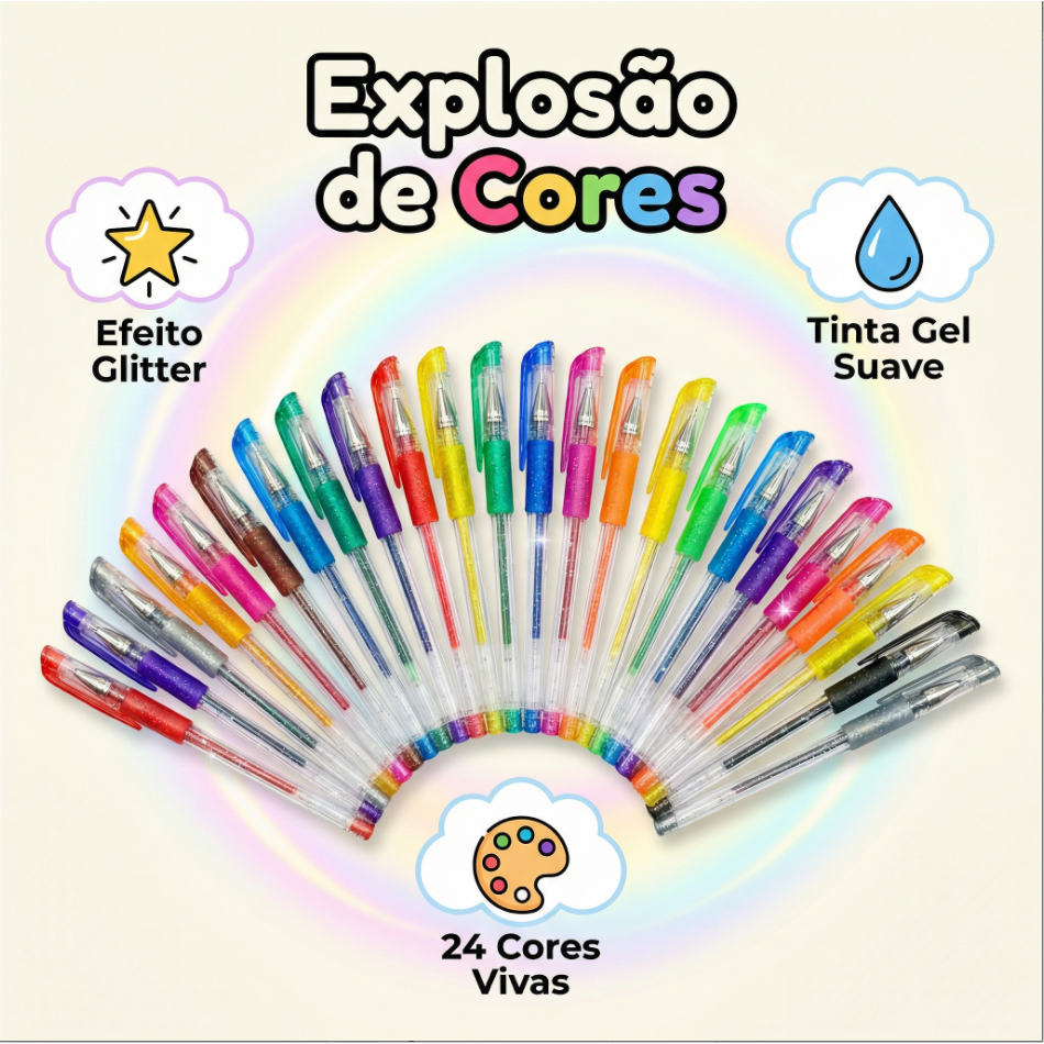 Kit inclui 24 canetas ColorGel com tinta glitter pastel neon metálico escolar em Oferta na Shopee