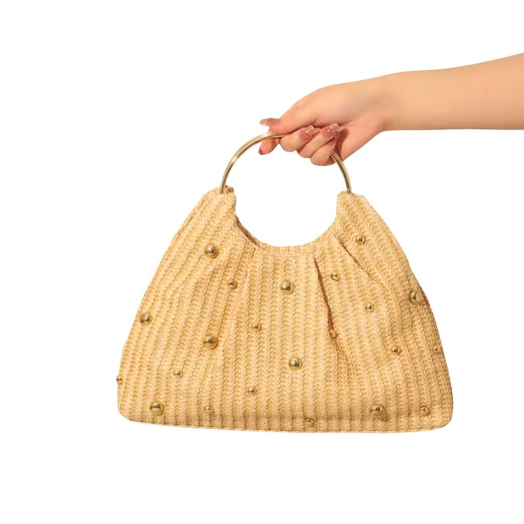 Bolsa Palha Boho Festa Passeio Palha Aplicações Dourada Moderna