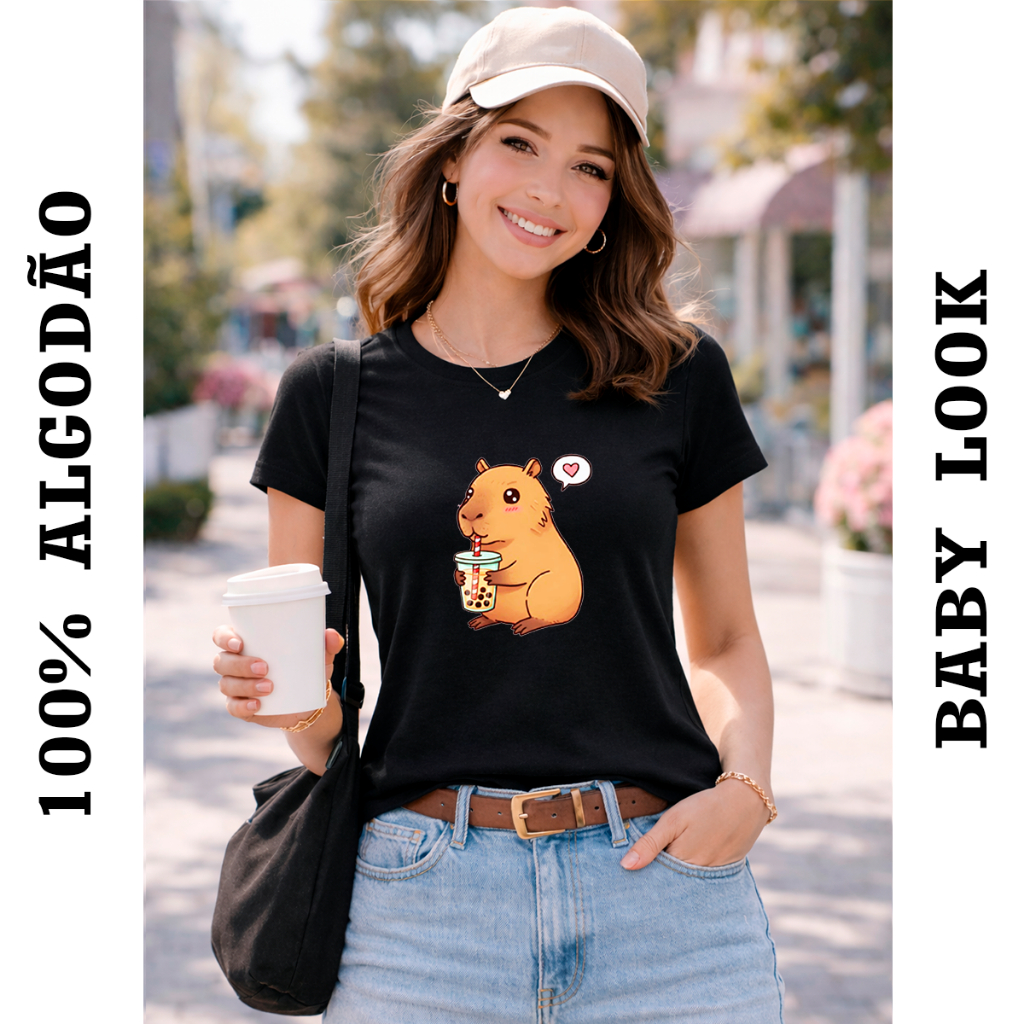 Camiseta Baby Look Capivara Copinho Camisa Algodão Feminina Confortável