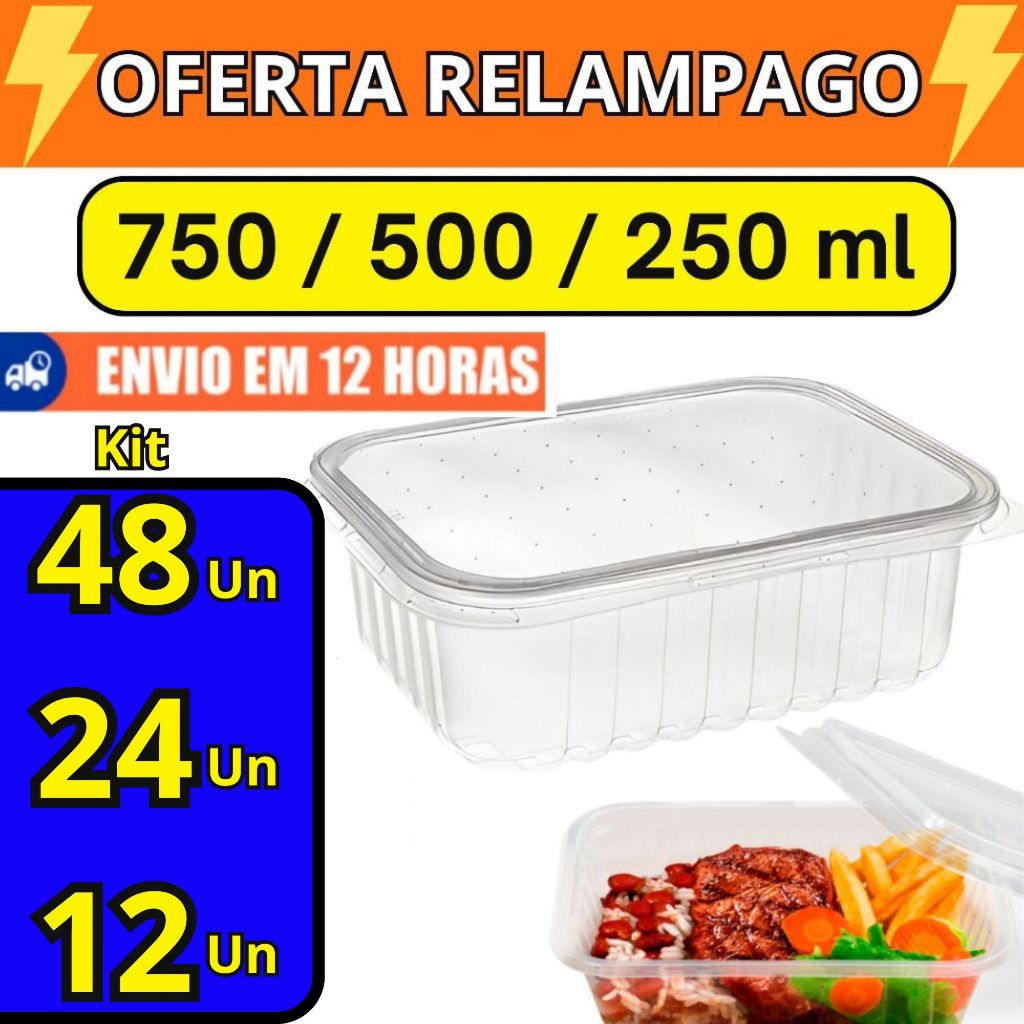 Imagem Pote retangular 500 e 750 ml Microondas Freezer Marmita Fitness Embalagem Alimento Quente ou Frio