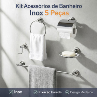 Kit Banheiro em Inox 5 Peças acessórios Toalheiro, Papeleira, Gancho, Saboneteira,  Porta Toalha