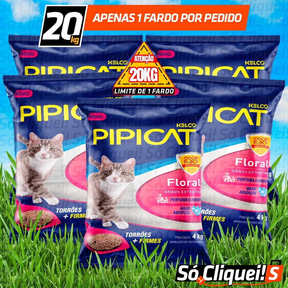 Areia Higiênica Pipicat Classic Grãos Mais Finos 20KG Floral Ultra Dry Multi Cat Granulado Controle de Odor Para Gato