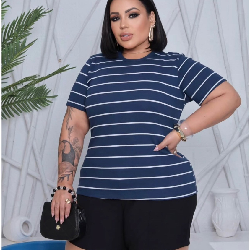 Camisa Listrada Manguinha Plus Size Algodão