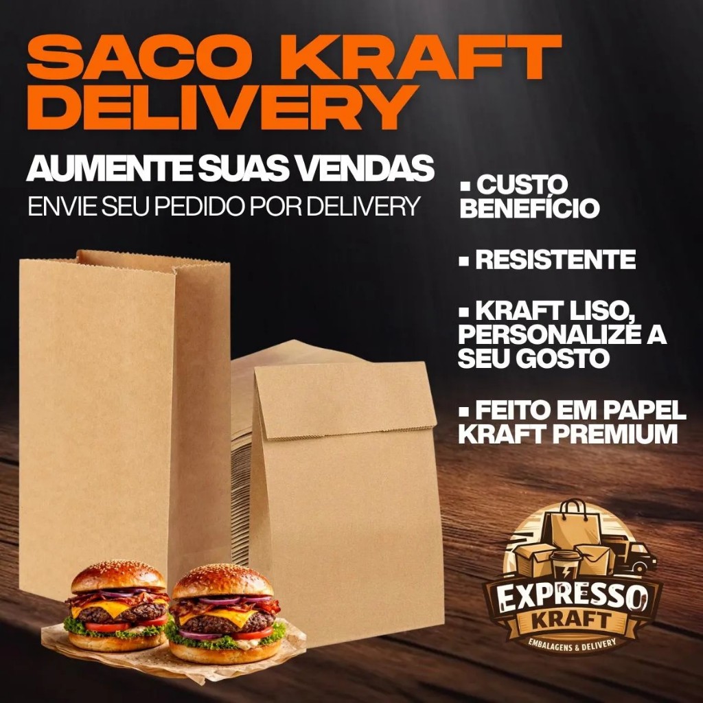 Detalhes do Saco de Lanche Kraft Papel Delivery M 30x18x10 Pacote 100unidades Liso Marrom-claro Liso