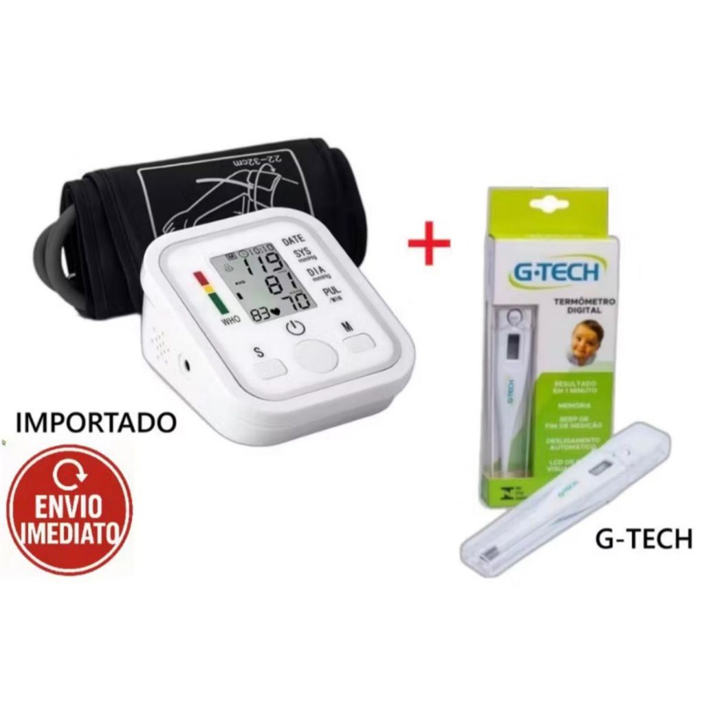 Kit Aparelho de Pressão Arterial de Braço com voz + Termômetro clínico g-tech em Oferta na Shopee