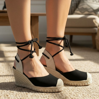 Sandália Feminina Anabela Espadrille Plataforma de Amarrar