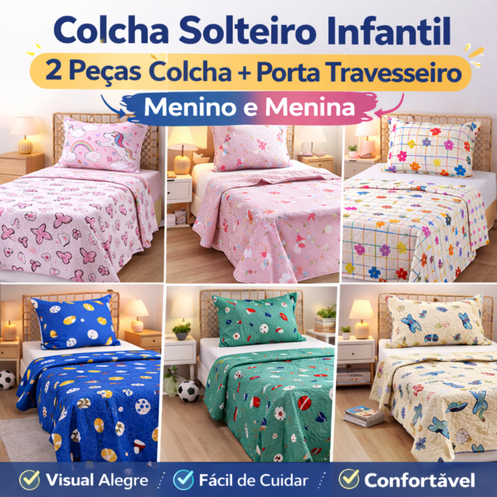 Jogo de Cama Infantil Solteiro 2 Peças Colcha Estampada Criança Porta Travesseiro