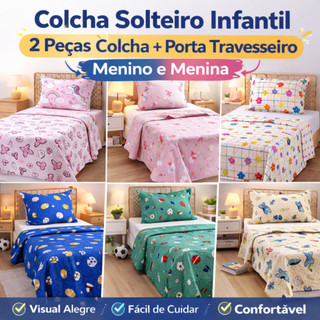 Jogo de Cama Infantil Solteiro 2 Peças Colcha Estampada Criança Porta Travesseiro