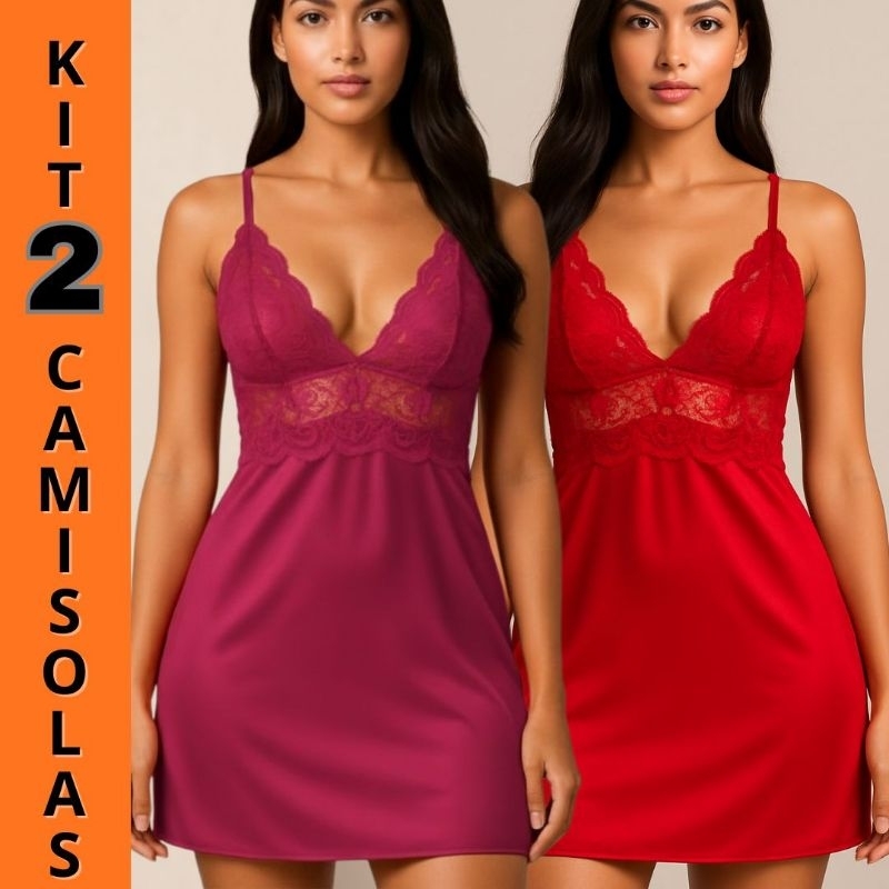 ​Kit 2 Camisolas Feminina Com Renda Sem Bojo Lingerie Conforto Luxo Alças Reguláveis  P ao GG