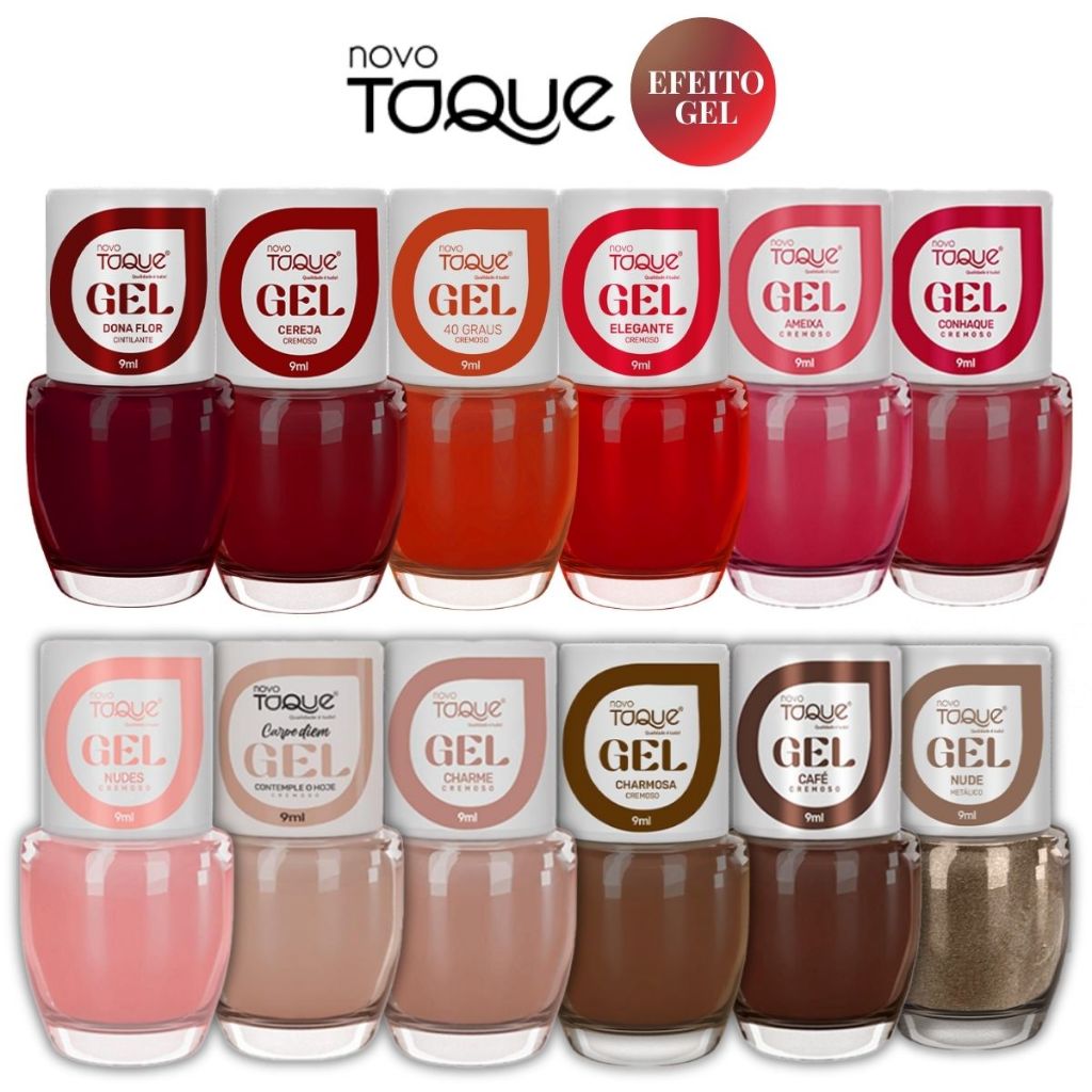 Esmalte Efeito Gel Novo Toque Kit 12 Cores Tons Vermelho Nude Seca Sem Cabine Manicure Pedicure Lançamento