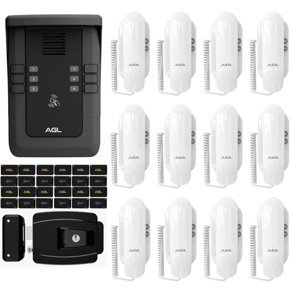KIT PORTEIRO COLETIVO AGL S500 12 PONTOS BLUETOOTH+ 12 MONOFONES + 24 TAG+ FECHADURA-(KIT INTERFONE)