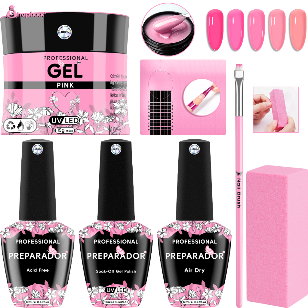Kit Alongamento Unha Blindagem Lirio  + Gel Led Uv + Pincel LIngua de Gato + 10 Moldes adesivos + Lixa Bloco Fecha Poros