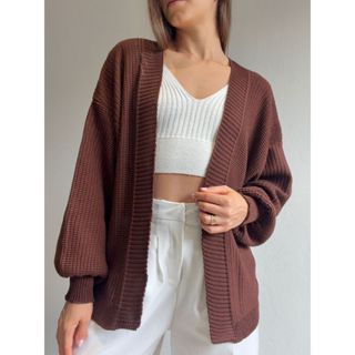 Cardigan Tricot Inverno Casaco Bufante Manga Longa Trico em Oferta na Shopee