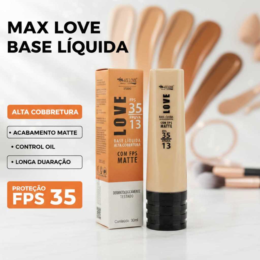 Base Líquida Matte Alta Cobertura FPS 35 Max Love Pele Impecável, Sequinha e Protegida Cores 50 a 61 em Oferta na Shopee