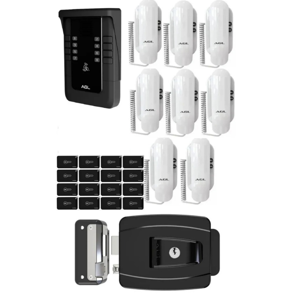 KIT PORTEIRO COLETIVO AGL S500 8 PONTOS BLUETOOTH+ 8 MONOFONES + 16 TAG + FECHADURA -(KIT INTERFONE)