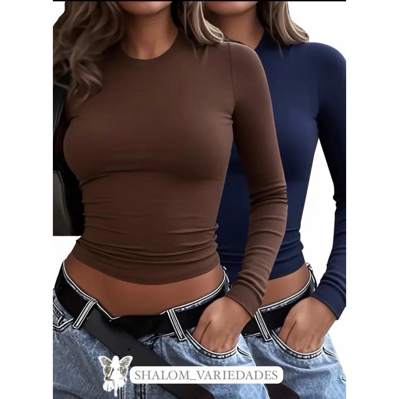 Kit 2 Blusas Feminina Manga Longa de Compressão Blusa de Manga Comprida Feminiina Meia Estação Colada