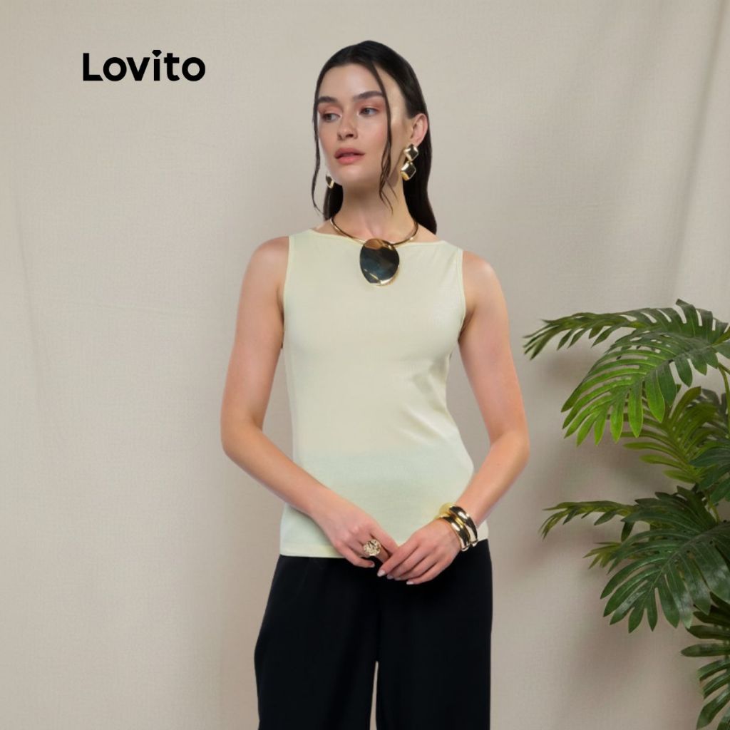 Lovito Blusa Sem Mangas Decote Canoa Elegante Moda Trabalho Feminino BRTKB1311BRL1341 em Oferta na Shopee