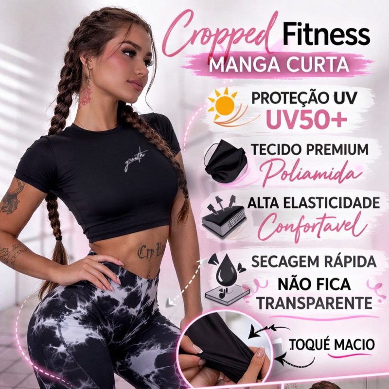 Cropped Fitness Feminino Proteção UV Manga Curta Academia Tecido Poliamida Compressão em Oferta na Shopee
