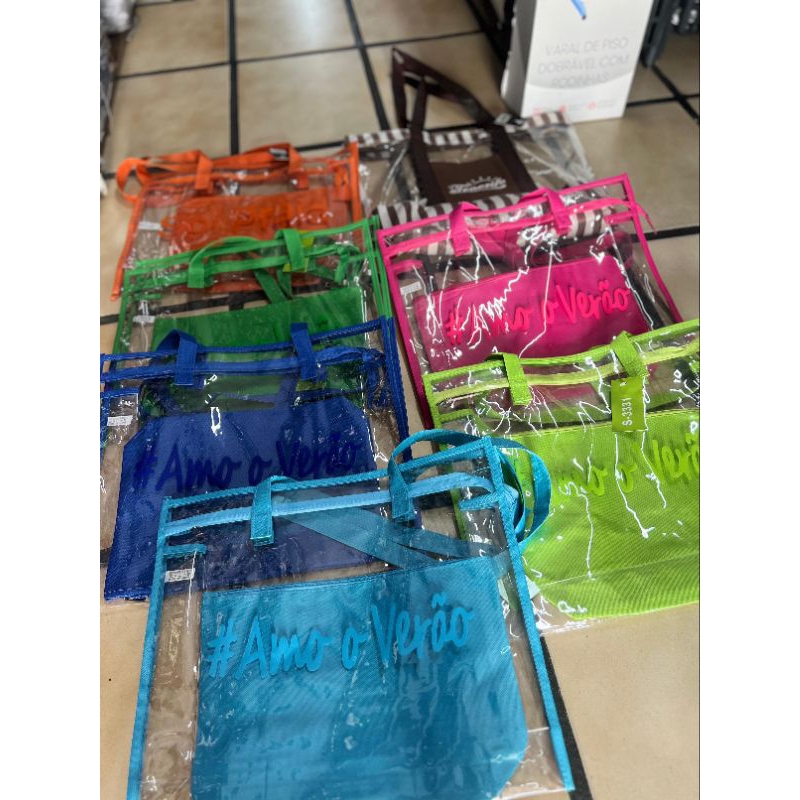 Kit Bolsa Transparente de grande Capacidade Sacola de P raia Silicone com Necessaire Amo O Verão Impermeável