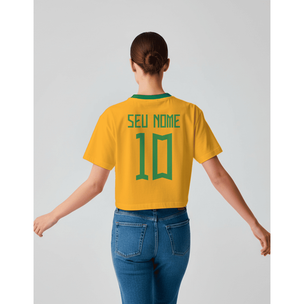 Cropped Blusinha Over Do Brasil Copa Futebol para Mulher Personalizada com seu nome atrás
