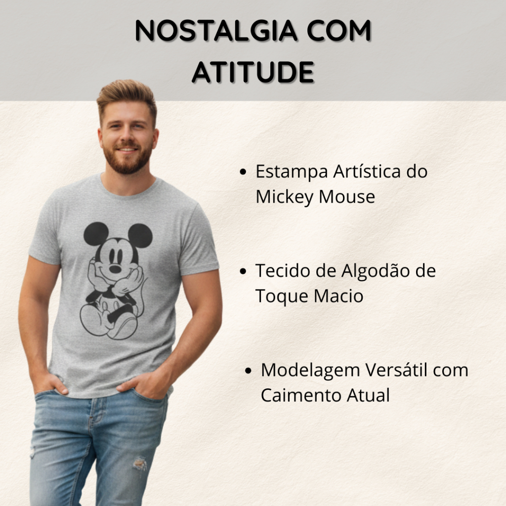 Camiseta Mickey Unissex Fofo Blusa 100% Algodao Penteado Camisa Disney Personagem Conforto Qualidade