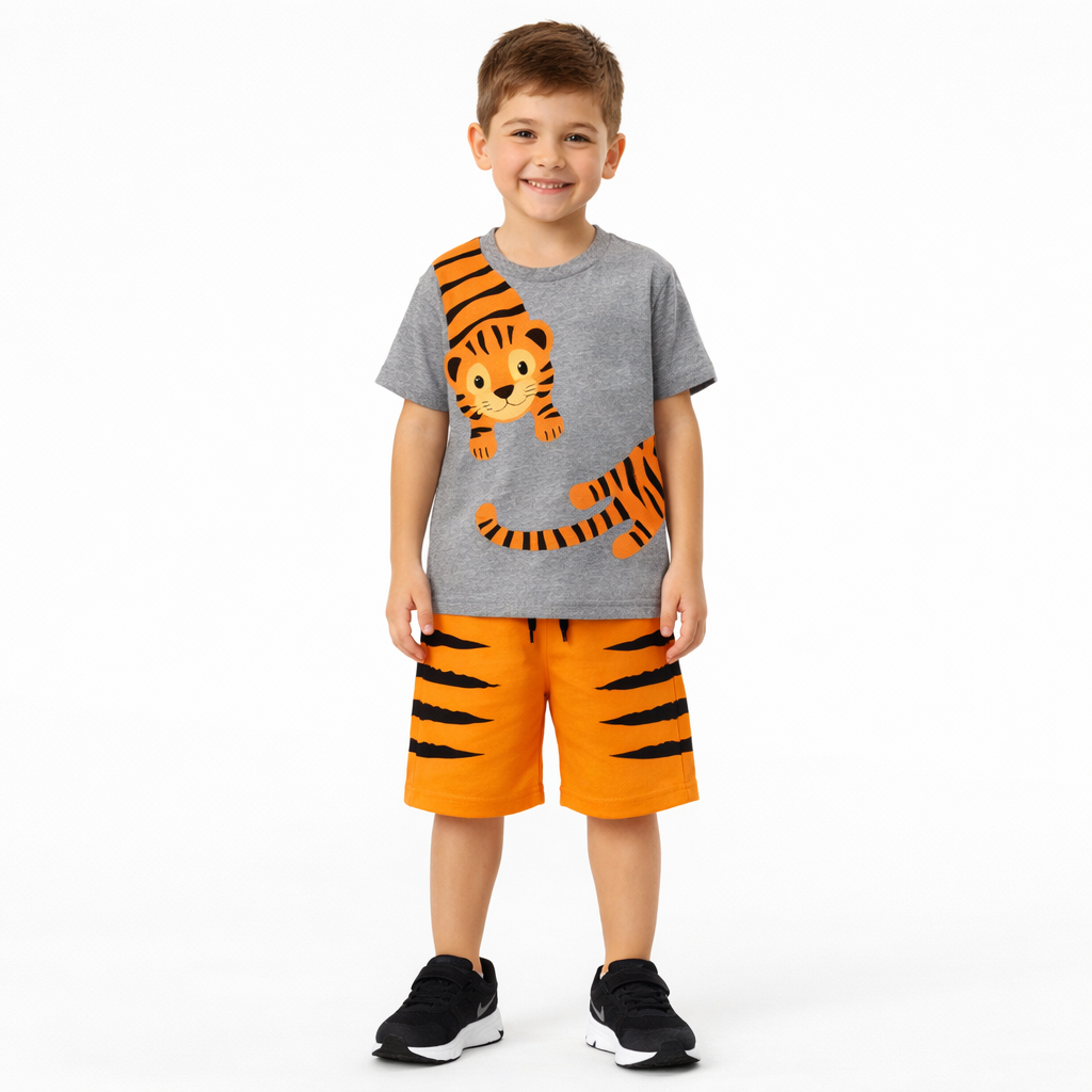 Conjunto Infantil Masculino Tigrinho Mescla Verão 100% Algodão – Tam 1 ao 8