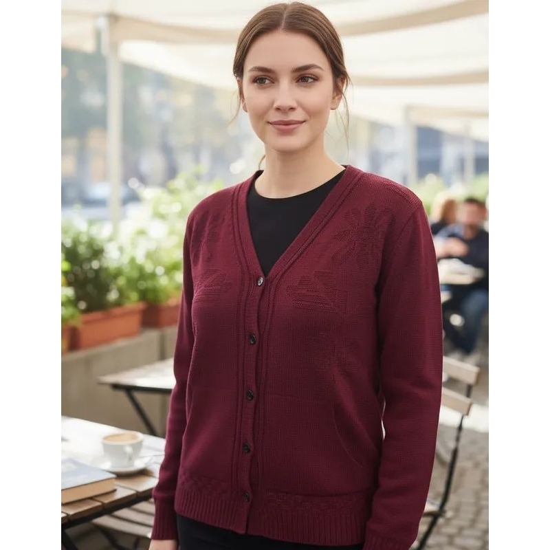 casaco cardigã cardigan senhora bolso aberto frente com botões lã flores manga longa inverno frio agasalho