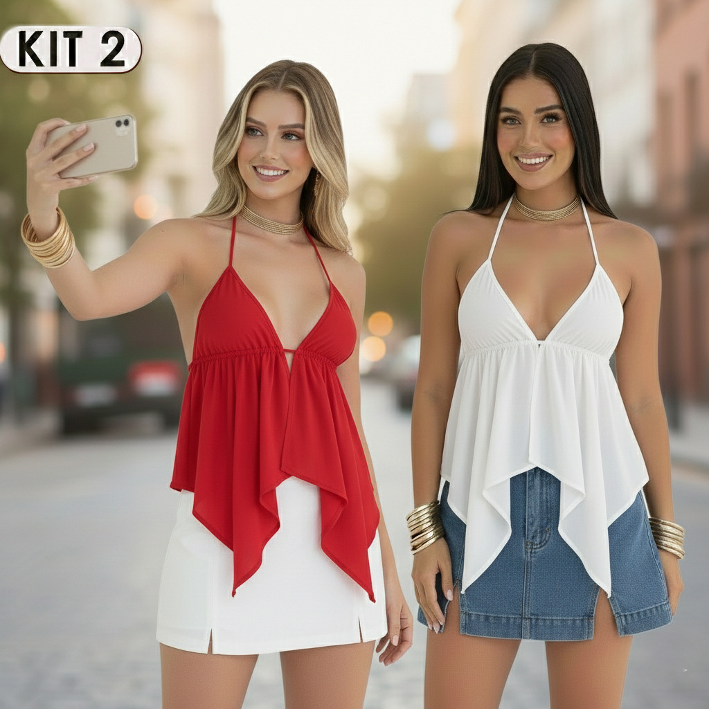 Kit 2 - Top Cropped Feminino Malibu Babado Costas Nuas Cortininha Bata Tendência Boho Chic em Oferta na Shopee