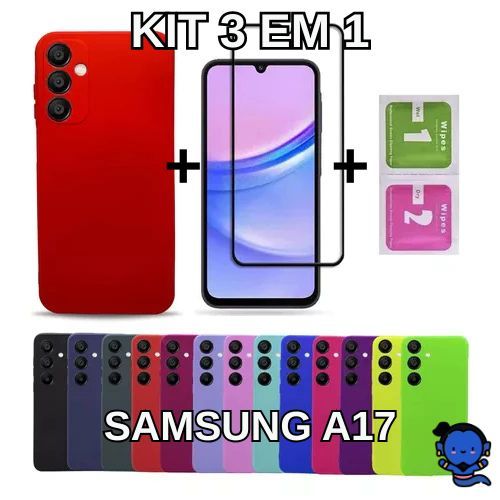Kit Capinha Capa Case Samsung A17 4G 5G  + Pelicula de Vidro 3D  + Kit Limpeza Case A17  Aveludada  Premium