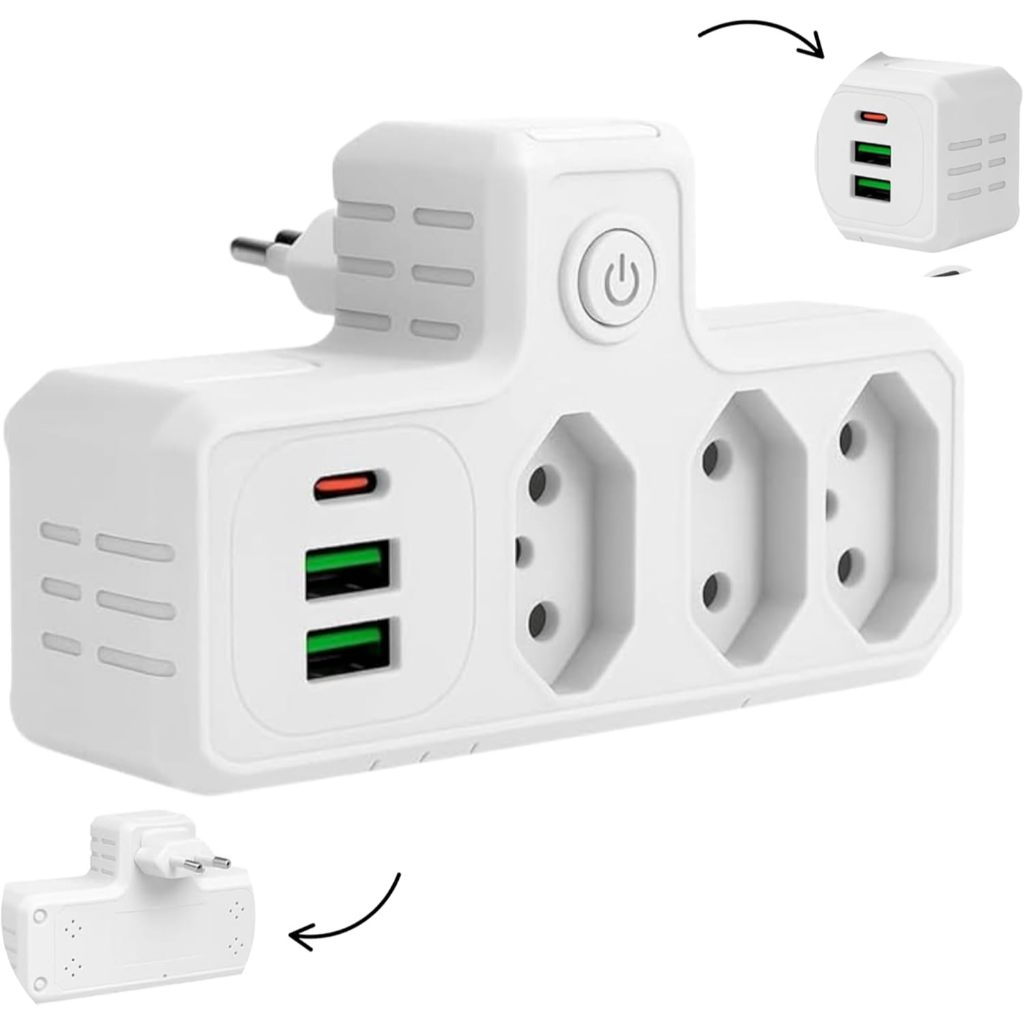 Adaptador de Tomada Múltiplo 3 Saídas + 2 USB + 1 Tipo C Bivolt Turbo Universal Coibeu Bejamim