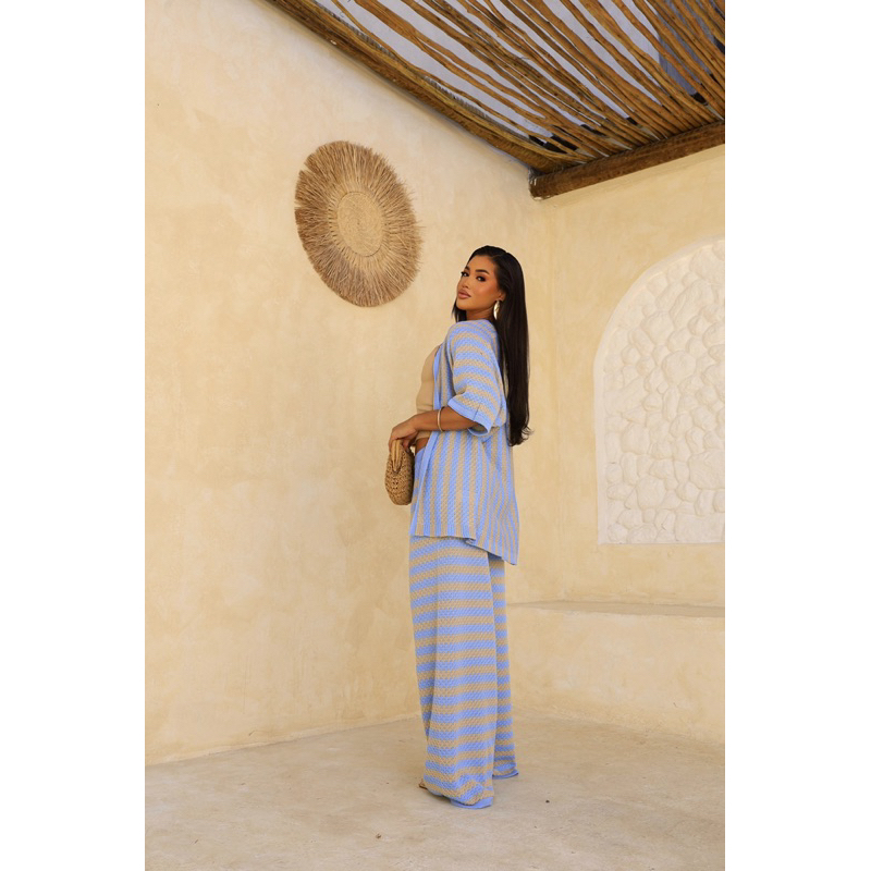 Conjunto Feminino em Tricô Calça Pantalona e Kimono Listrado Elegante Super Tendência