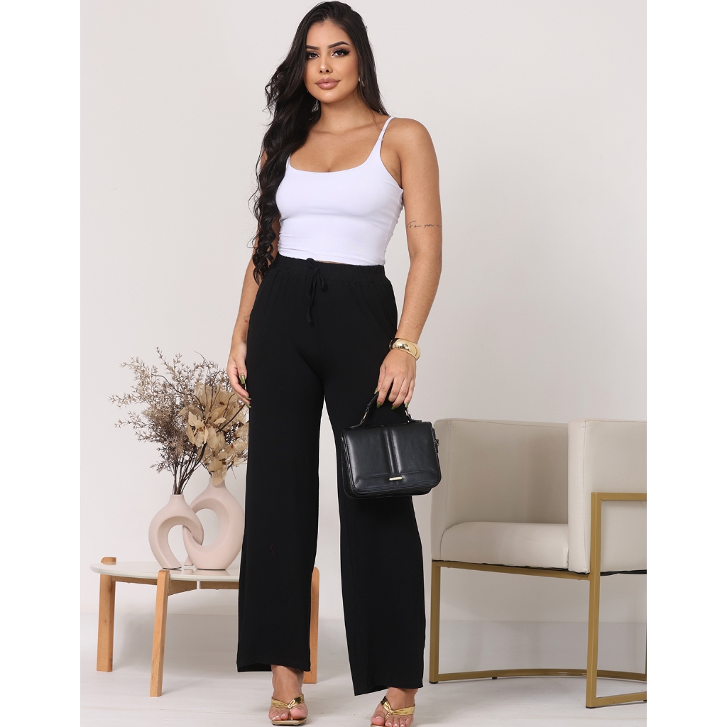 Calça Feminina Pantalona Duna Flare Viscolycra Cintura Alta com Bolsos Leve Verão Trabalho Lazer