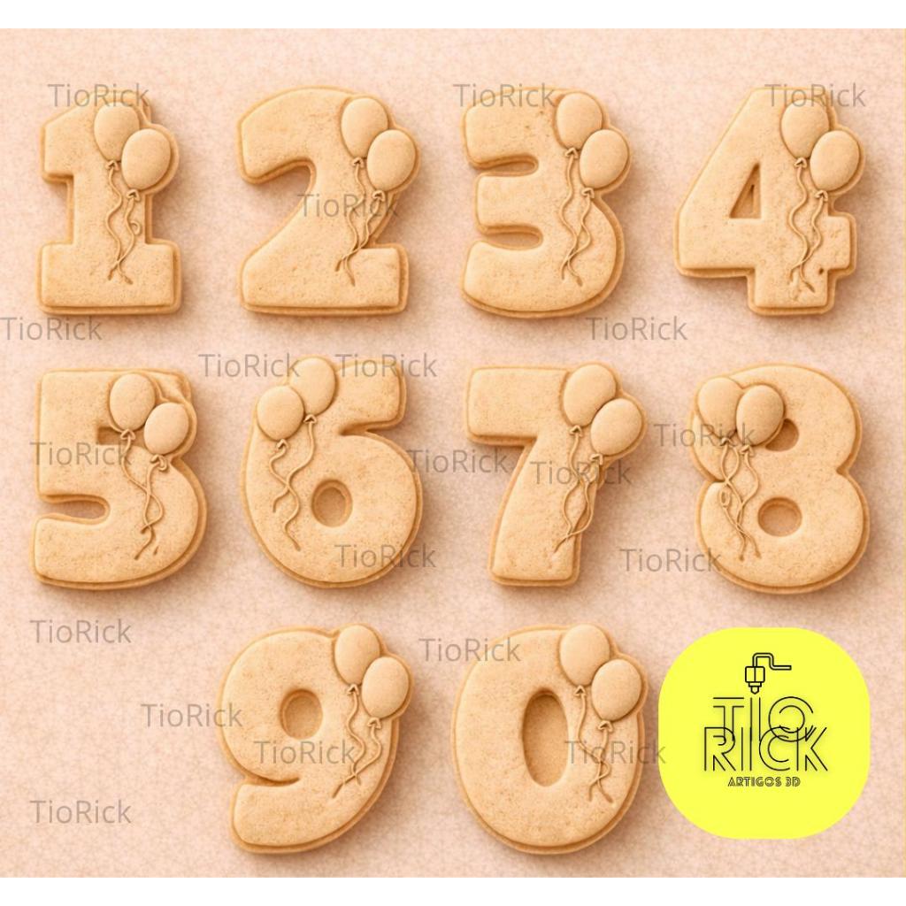 KIT completo de cortador e marcador NUMEROS com balões para biscoitos, biscuit e pasta americana