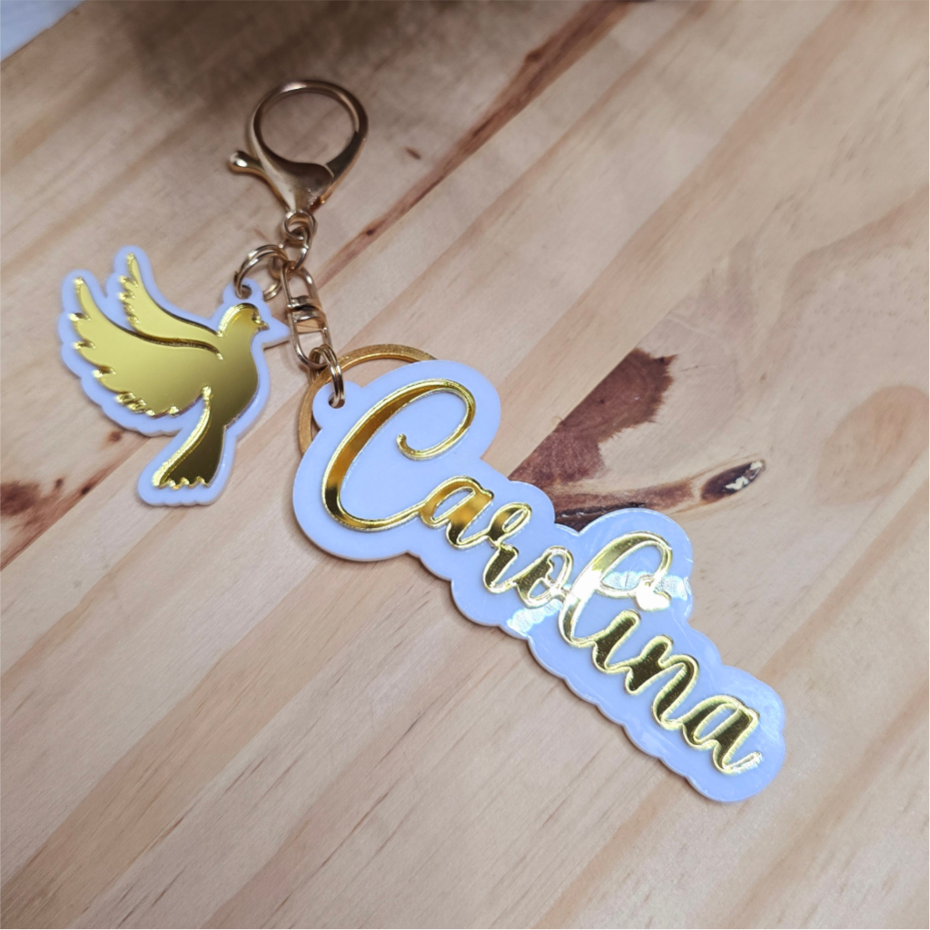 Chaveiro Acrílico Personalizado com Nome e Pingente Espírito Santo Lembrança Crisma Eucaristia Batismo Religioso