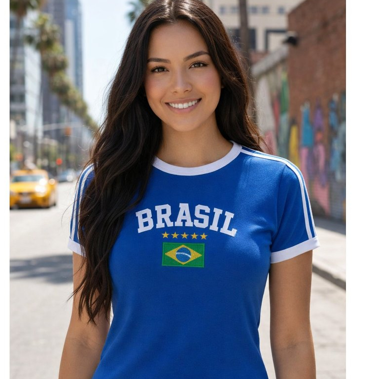 Camisa do Brasil Feminina Baby Look Estampada Copa