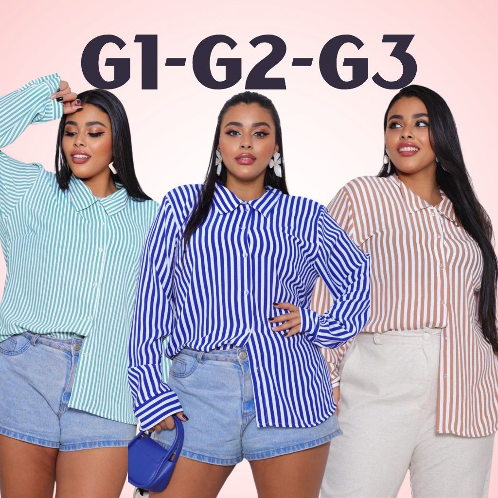 Camisa Listrada Xadrez Feminina Plus Size  G1 G2 G3 Tecido Duna Moda Casual Elegante Manga Longa
