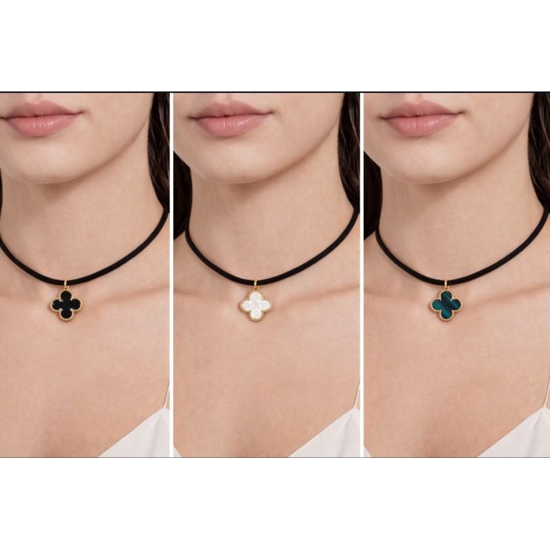 Colar Choker Feminino em Courinho Preto com Pingente Trevo Dourado Preto, Branco e Verde Ajustável em Oferta na Shopee