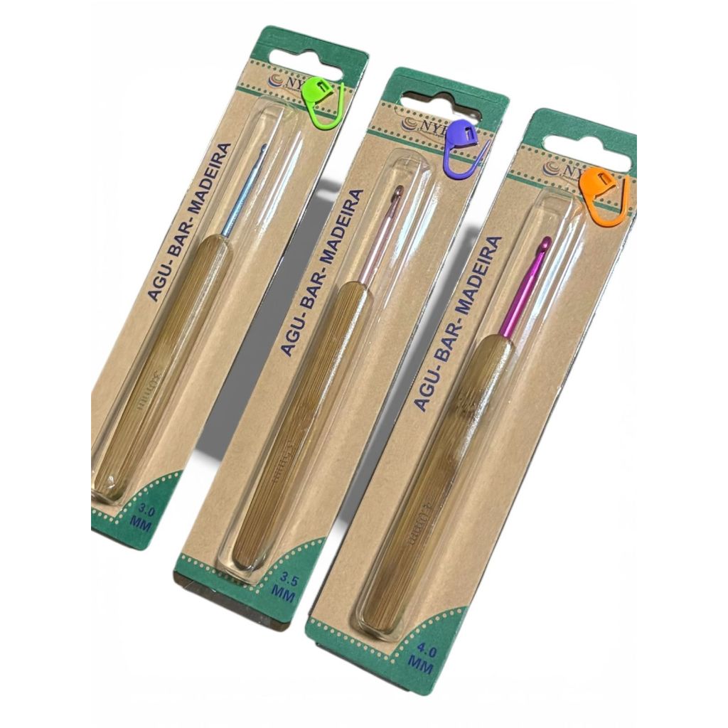 kIT C/3 AGULHAS DE CROCHÊ CABO MADEIRA-BAMBU-3mm/3,5mm/4.0mm+3 BRINDE MARCADOR DE PONTO em Oferta na Shopee