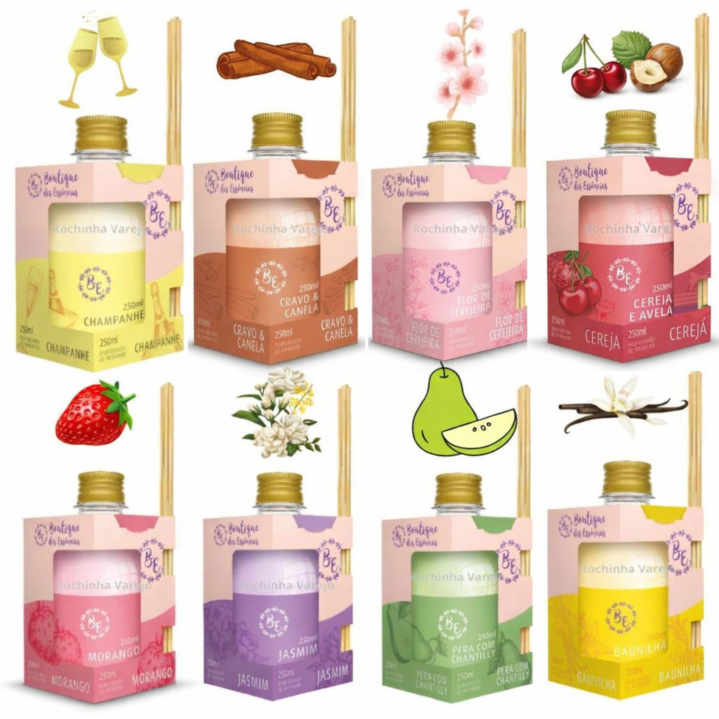 8 Difusor Aromatizador 250ml Cereja e Avelã/Lavanda/Jasmim/Cerejeira/Morango/Pera/Baunilha/Champanhe