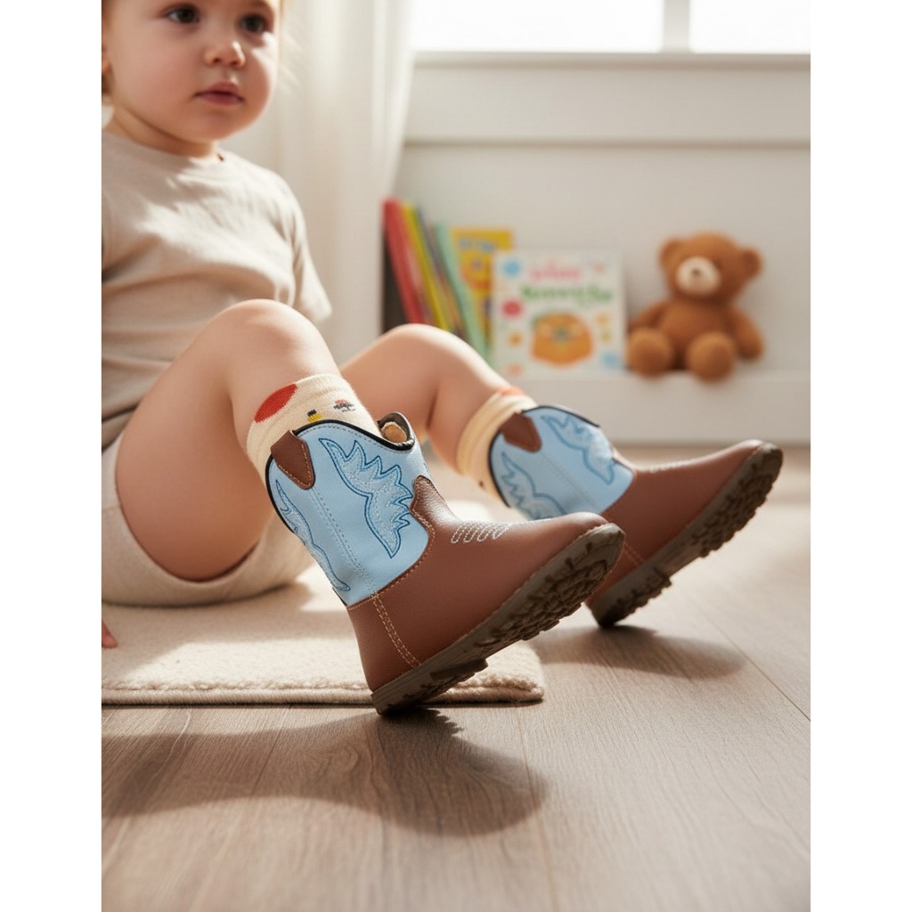 Kit Botinha Texana Infantil Bebê Sapatinho Baby Country Caipira + 1 Par de Meias FARMFUN