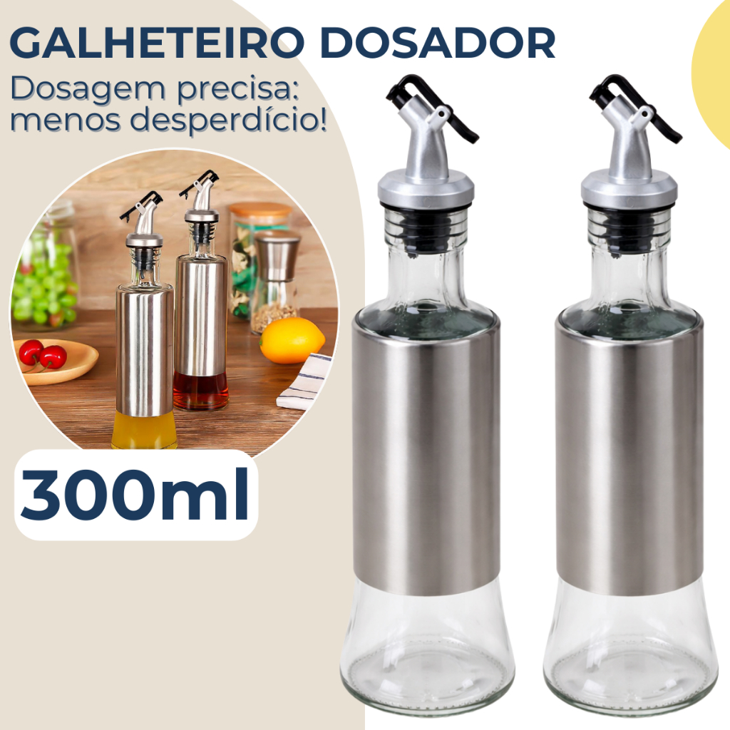 Kit 2 Galheteiros Porta Azeite Vinagre Dosador Inox Vidro 300ml